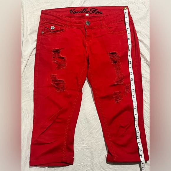 Vanilla Star Women's Red Distressed Cropped Jeans Size 7 - Picture 8 of 16